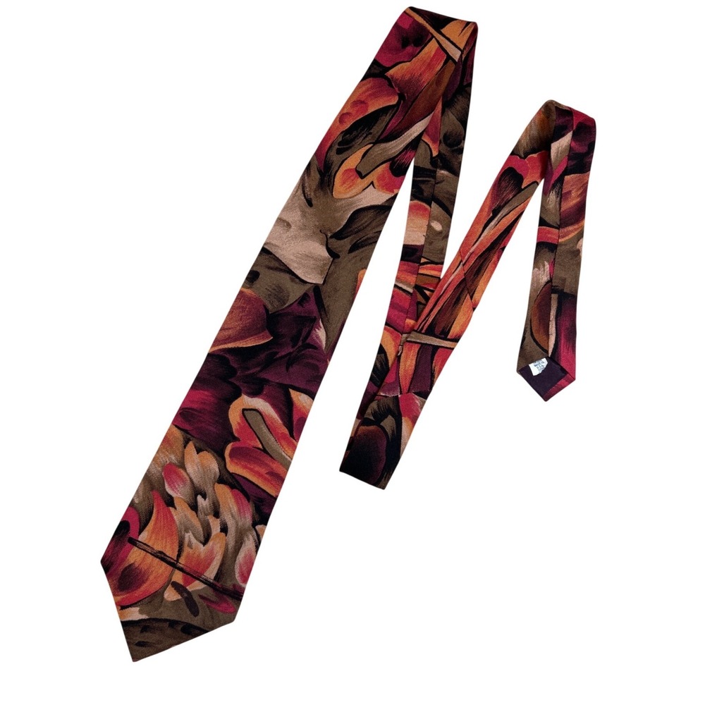Alessio Mens Silk Tie Abstract Floral Burgundy Orange Tan Made in USA 3.75 Inch